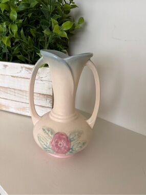 Hull Art Pottery Pink/Yellow Open Rose Pattern Double Handle Vase  USA Vintage